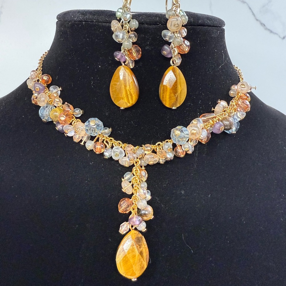 Vintage Avon Tiger Eye bohemian Gold Tone Statement Necklace and Earring Set